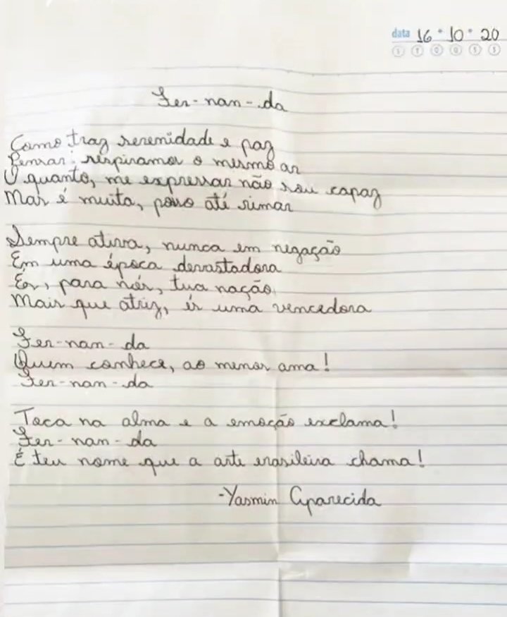 Poesia enviada para a atriz Fernanda Montenegro, feita pela estudante. (Foto: Reprodução/ Yasmin Aparecida)